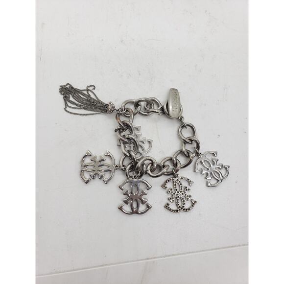 Vintage Guess Logo Big Charm Bracelet Silver Tone Rhinestone Tassel Chain Chunky - Picture 7 of 7